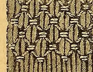 Engraving of a worked sample of honeycomb-and-diamond smocking over gathered pleats, from Mrs Leach's Fancy Work Basket