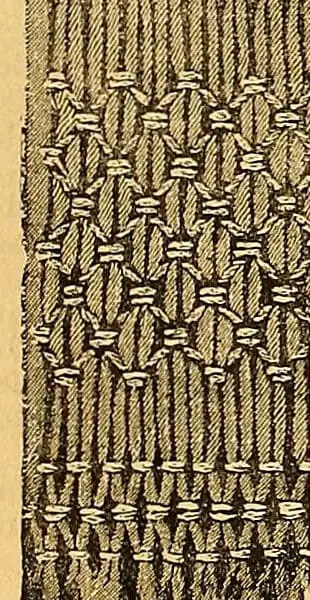 Engraving of a worked sample of honeycomb-and-diamond smocking over gathered pleats, from Mrs Leach's Fancy Work Basket