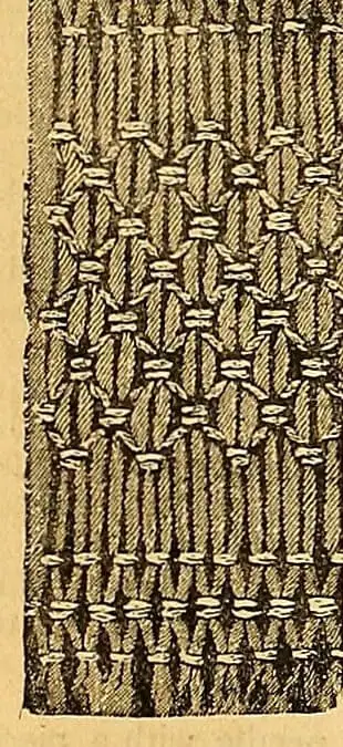 Engraving of a worked sample of honeycomb-and-diamond smocking over gathered pleats, from Mrs Leach's Fancy Work Basket