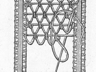 Engraving of Point Turque, a Turkish-stitch point-lace filling worked across a braid frame with the needle and thread in place, from Beeton's Book of Needlework (1870)