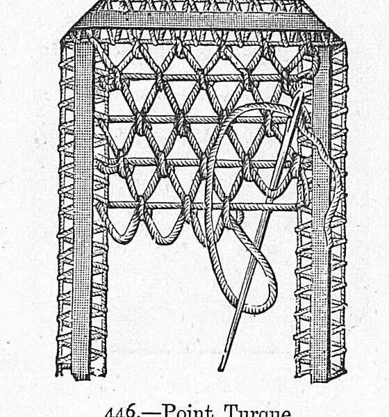 Engraving of Point Turque, a Turkish-stitch point-lace filling worked across a braid frame with the needle and thread in place, from Beeton's Book of Needlework (1870)